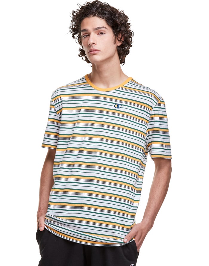 Camiseta Champion Hombre - Yarn-Dye Stripe C Logo ( Blancas/Amarillo ) 3576902-IW